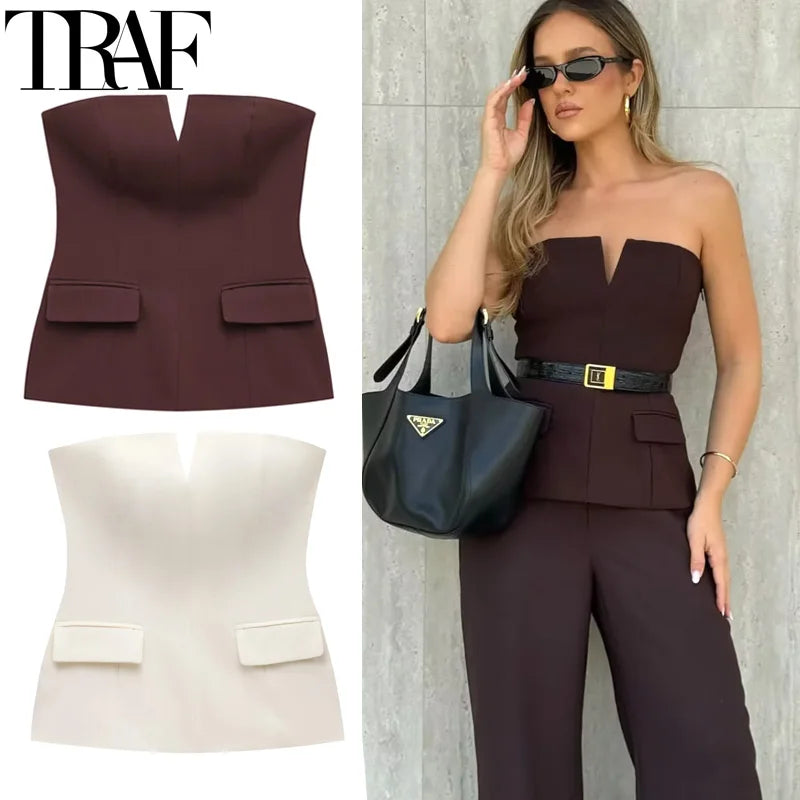 Tops Strapless Off White Crop